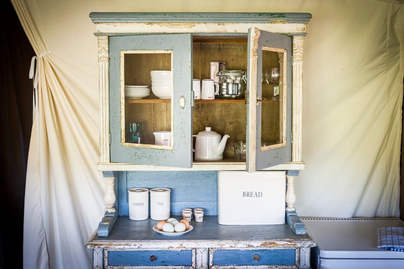 A beautiful kitchen dresser in the safari tents at Brownscombe Luxury Glamping in Devon