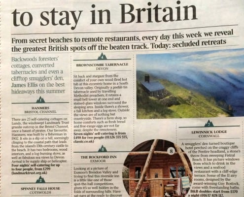 An article from 'Times2', featuring Brownscombe as one of the best wild places to stay in Britain
