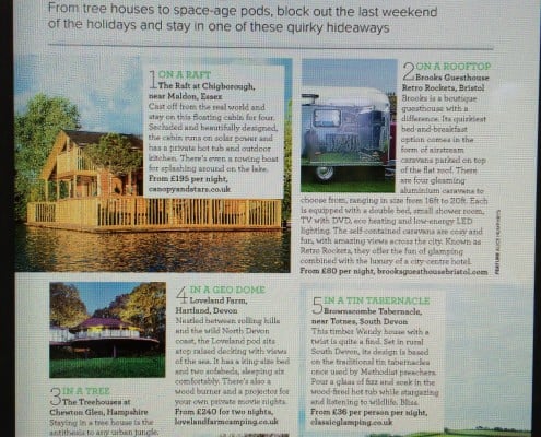 An article from 'Ideal Homes' magazine, names Brownscombe Tabernacle as one of 5 Extraordinary places to sleep this Summer